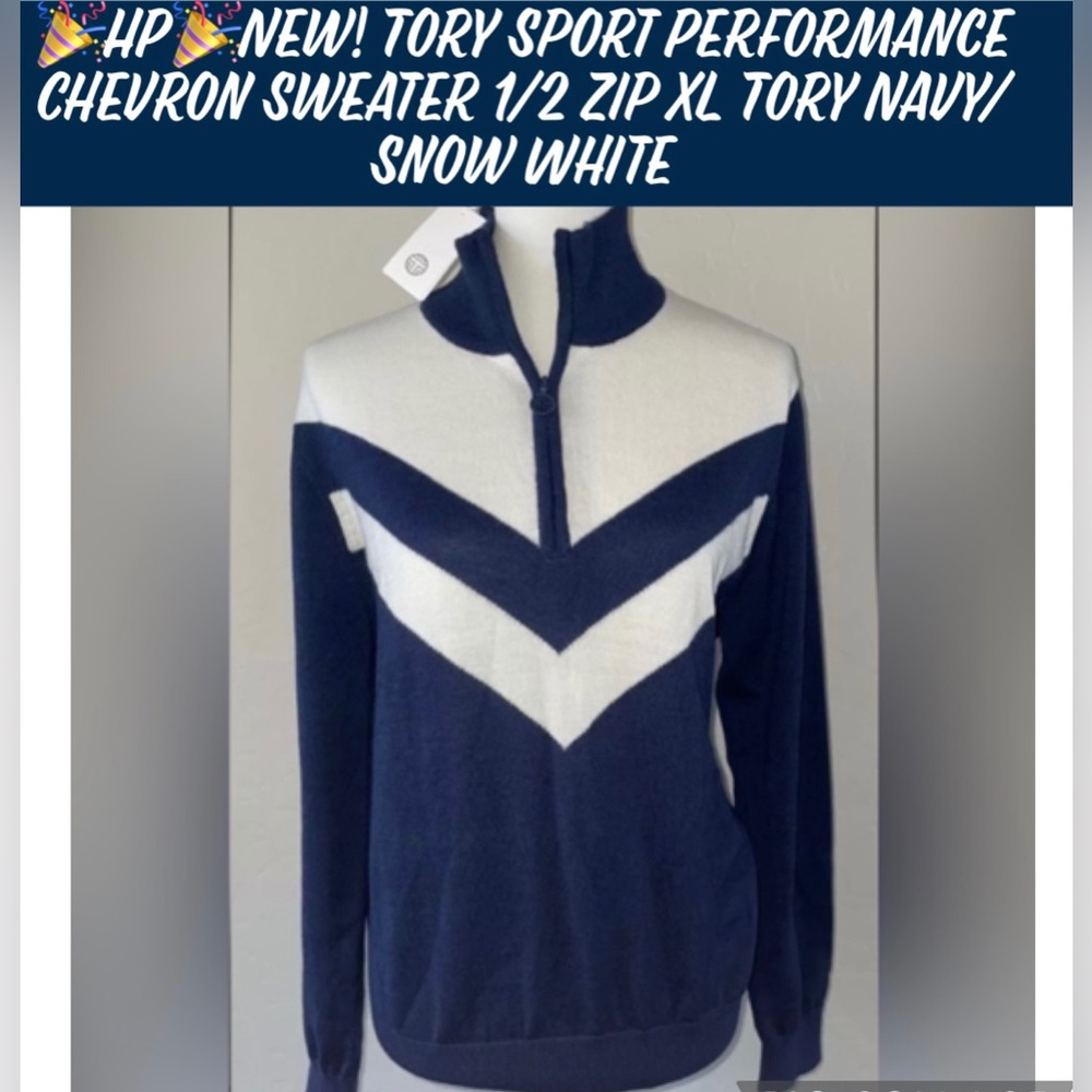 🎉HP🎉New Tory Sport Performance Chevron Sweater 1/2 Zip XL Tory Burch NavyWhite